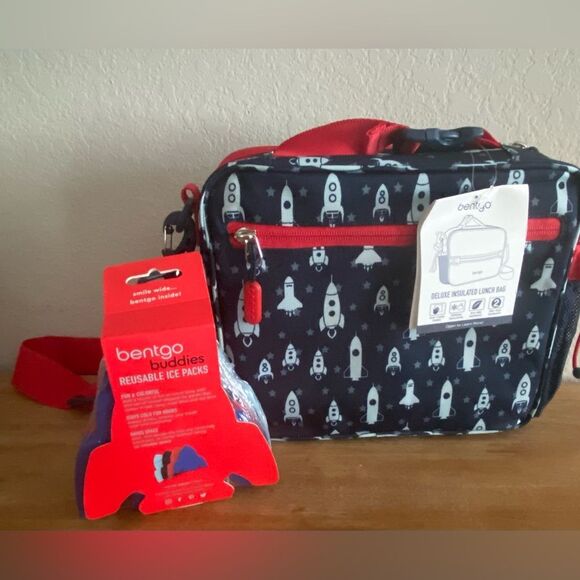 New Bentgo Kids Bundle Insulated Lunch Box Bag Crossbody Ice Packs Rockets - Picture 3 of 8